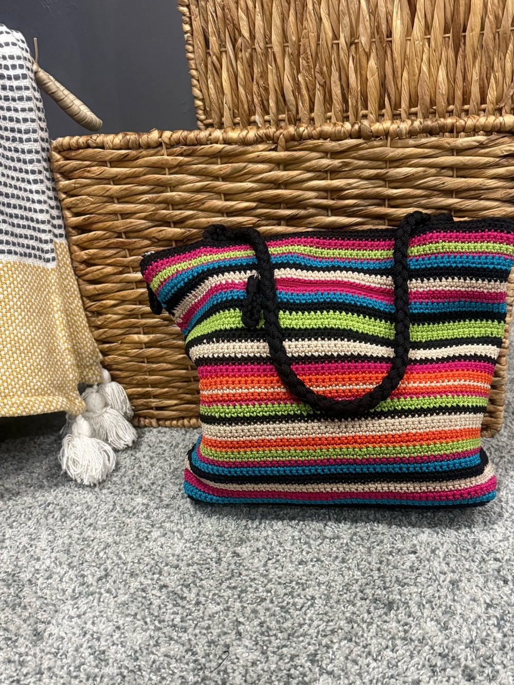 The Sak Multicolor Striped Crochet Tote with Black Handles